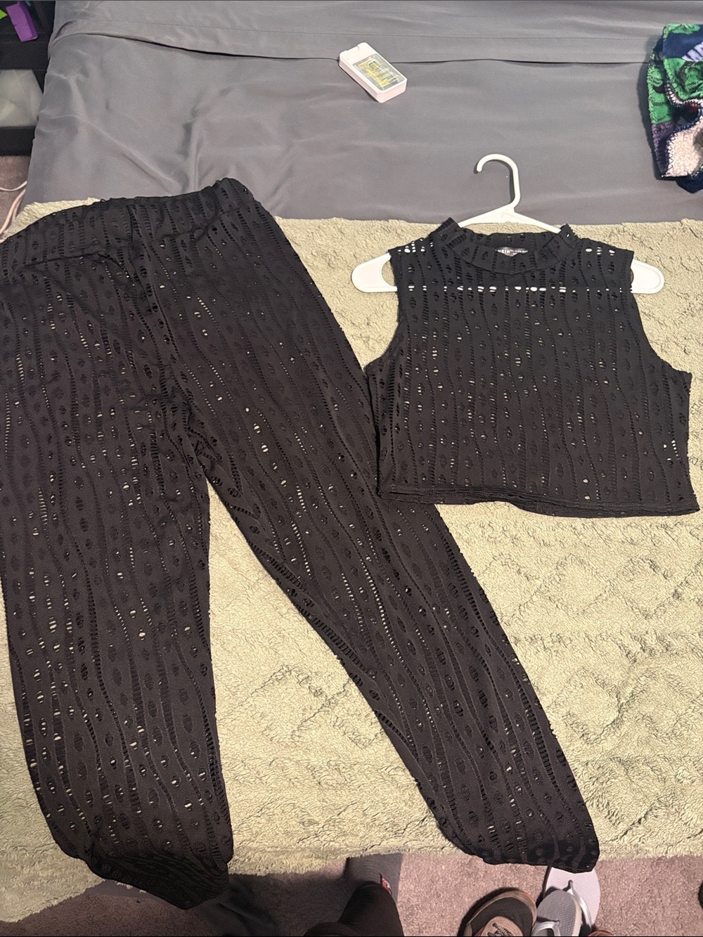 SHEIN Black Crochet Crop Top & Jogger Set